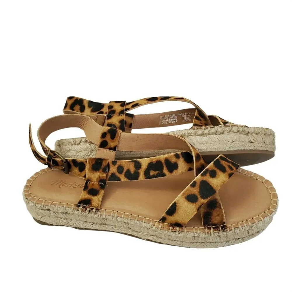 Madewell Malia Espadrille Sandals‎ 8.5 Leopard Calf Hair Asymmetrical NEW